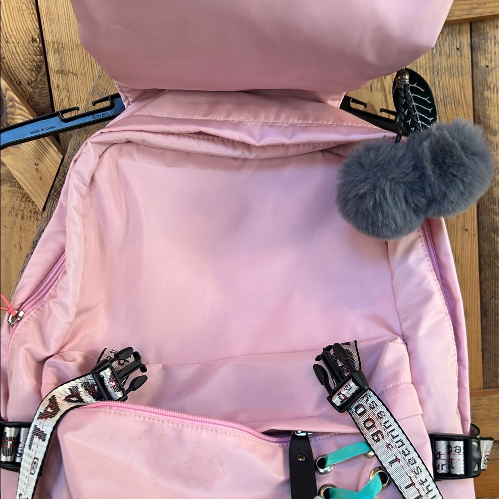 Fendong Girls Korean style pink and black backpack bow knot fur ball, charger - Picture 8 of 14
